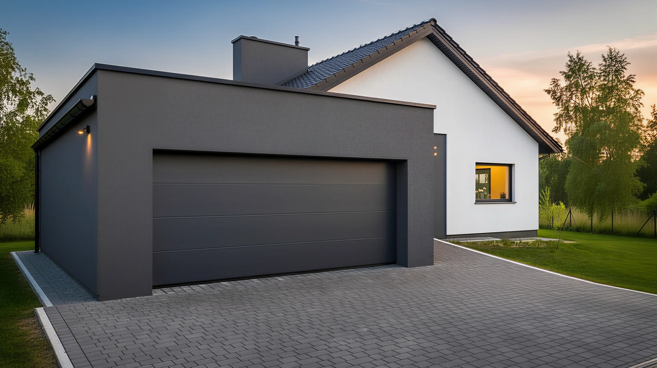 Extérieur résidentiel moderne avec porte de garage sectionnelle anthracite à panneaux horizontaux lisses, intégrée dans façade blanche contemporaine